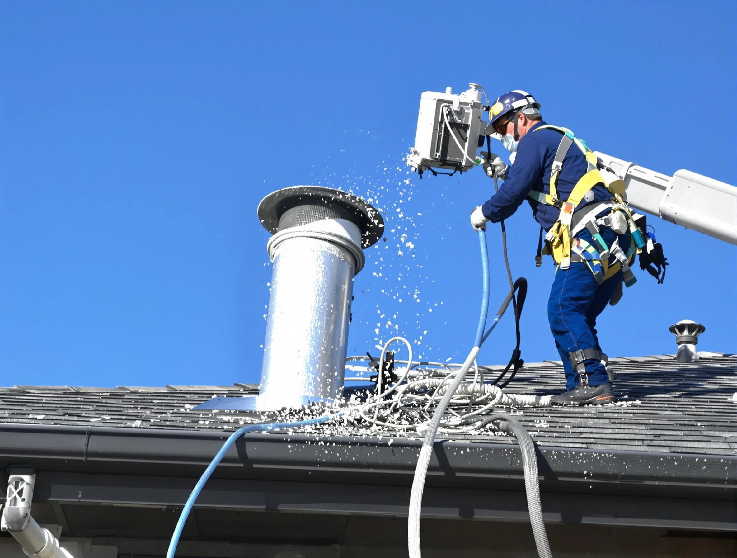 Hingham Dryer Vent Cleaning certified technician safely cleaning a roof-mounted dryer vent in Hingham