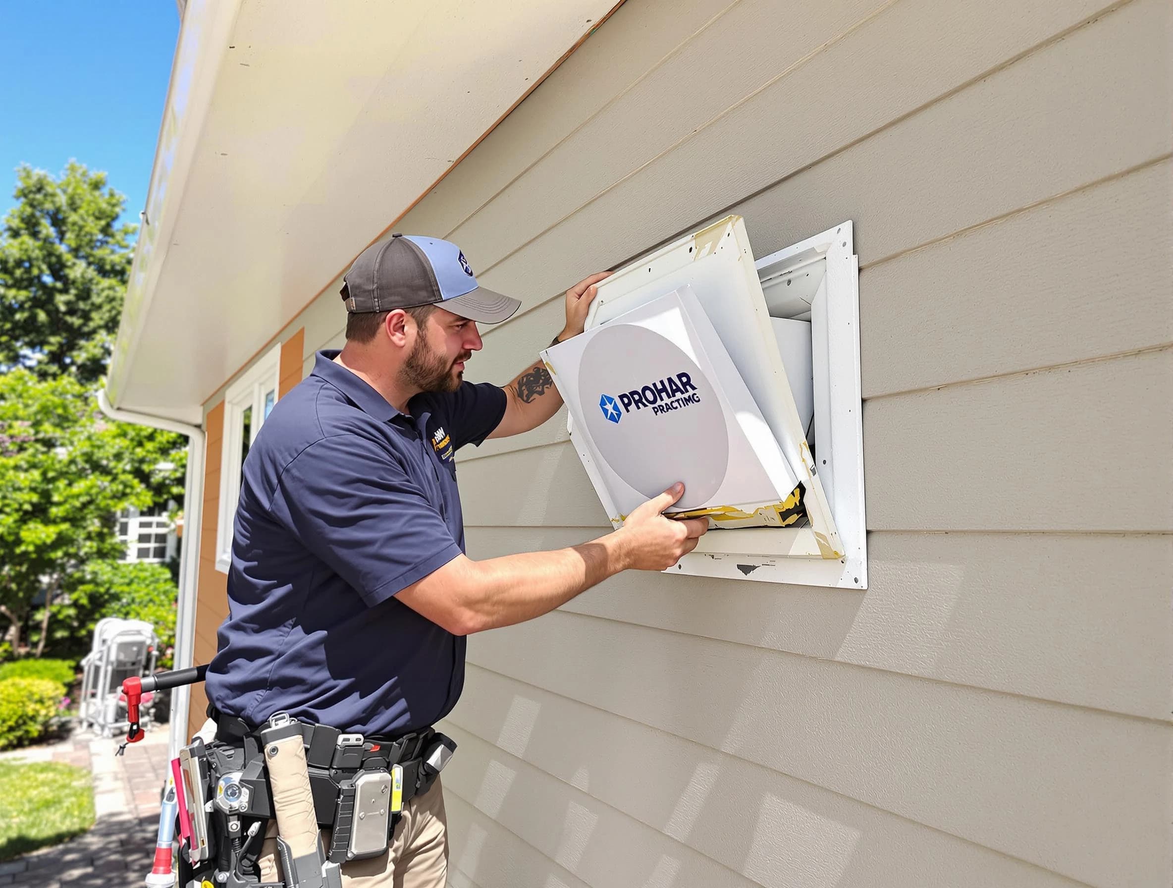 Hingham Dryer Vent Cleaning technician installing a new protective dryer vent cover on a home in Hingham