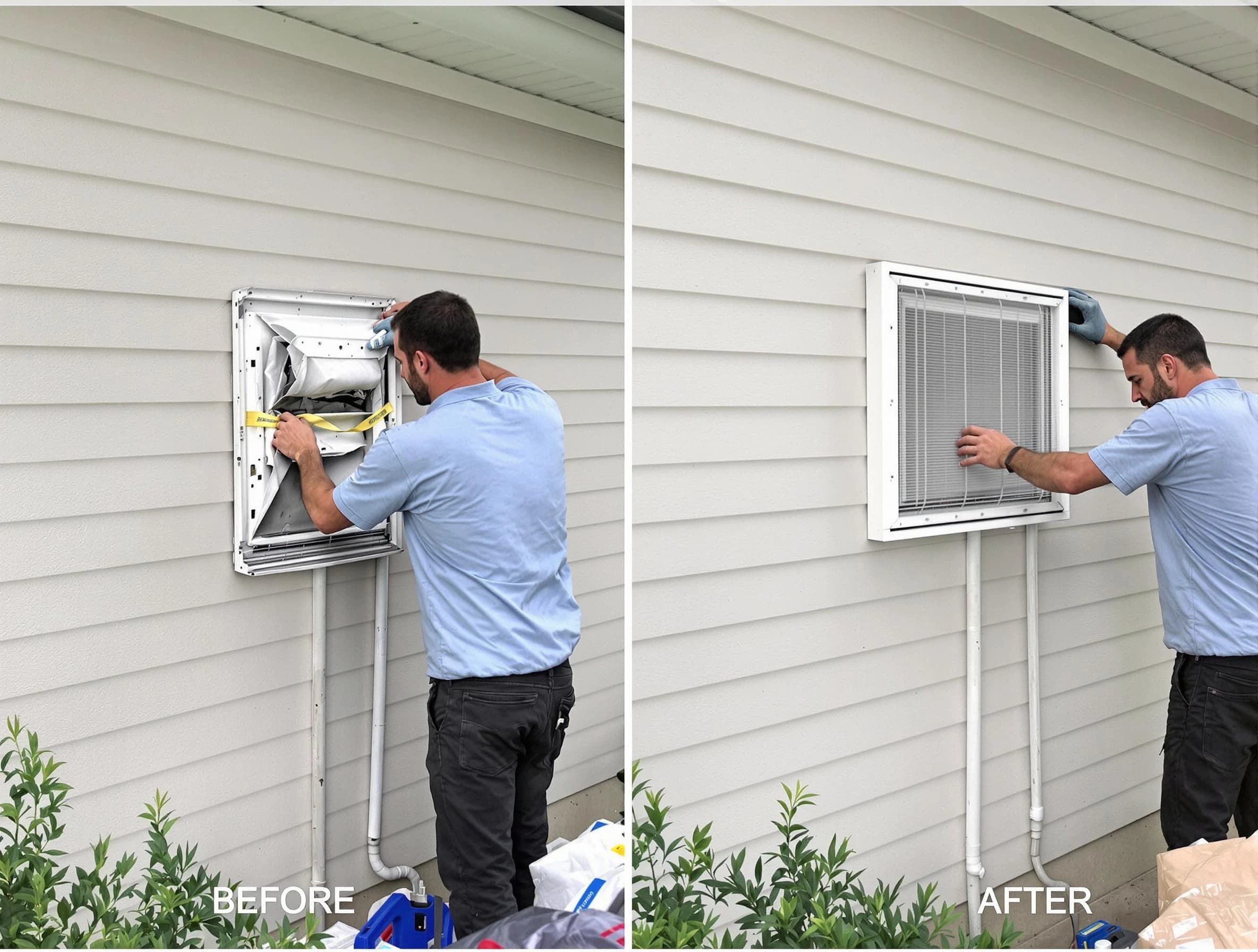 Hingham Dryer Vent Cleaning technician installing high-quality dryer vent cover at a residential property in Hingham