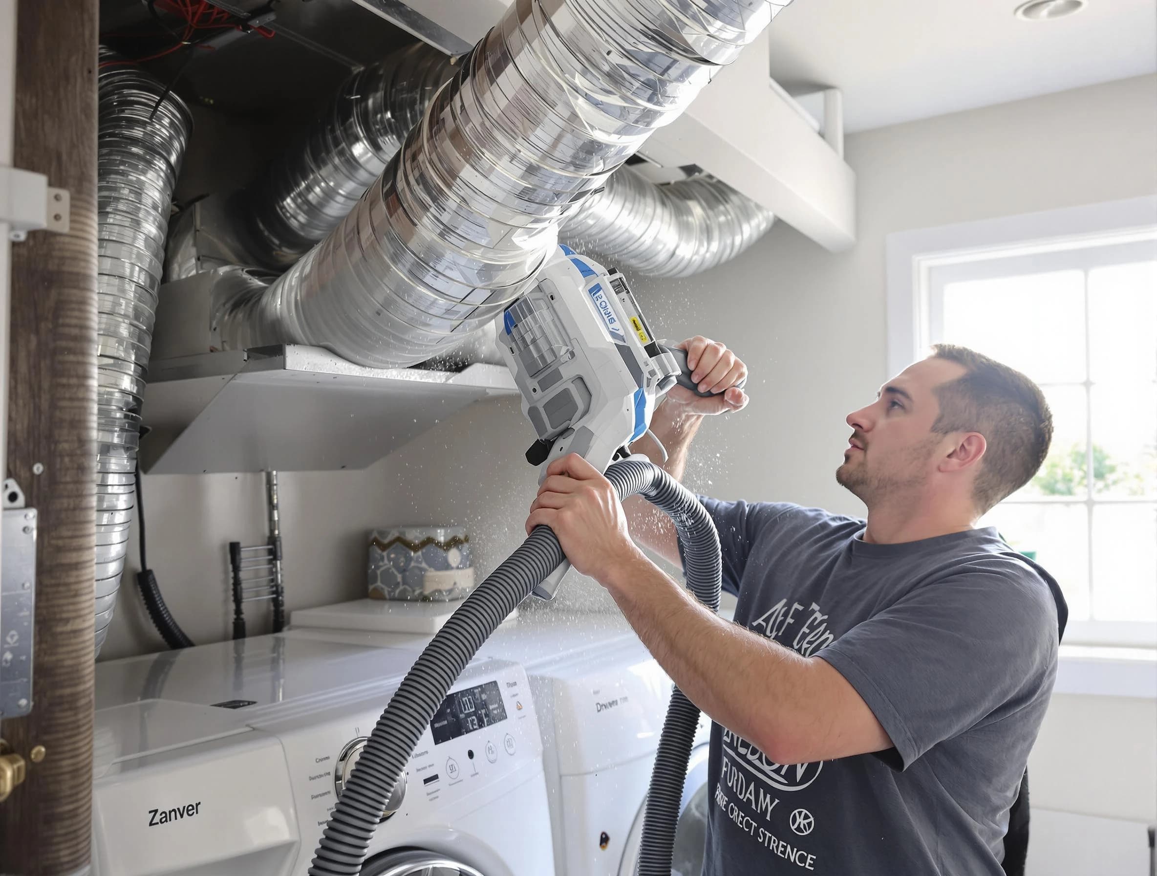 Hingham Dryer Vent Cleaning specialist cleaning deep within a dryer vent duct system in Hingham