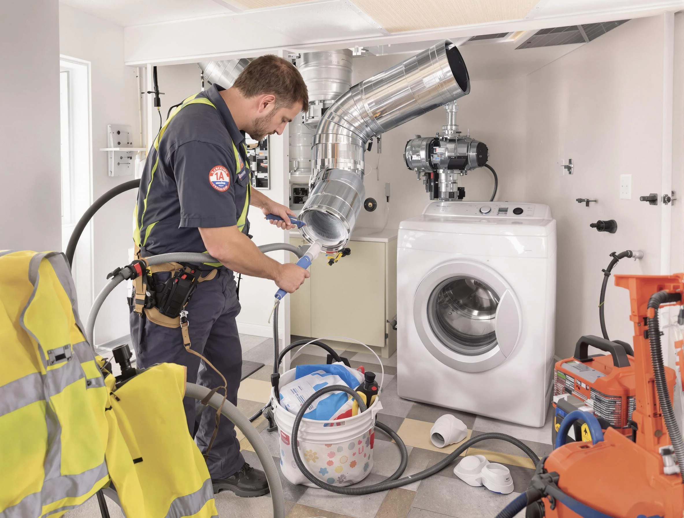 Hingham Dryer Vent Cleaning technician using specialized equipment to clear severe dryer vent blockage in Hingham